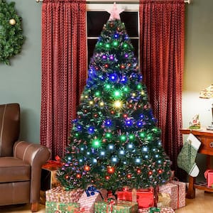 4/5/6FT Fiber Optic Artificial Christmas Tree w/Multicolor Lights Snowflakes USA 