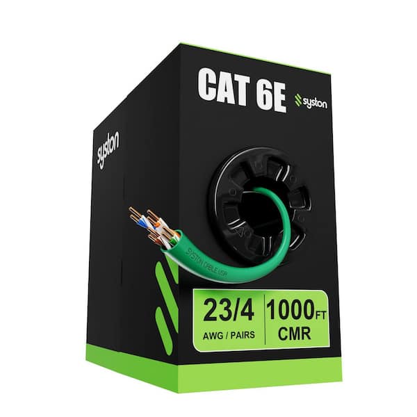 1000 ft. Green CMR CAT6E 600 MHz 23 AWG Solid Bare Copper Ethernet Network Data Cable - Bulk No Ends Outdoor Indoor