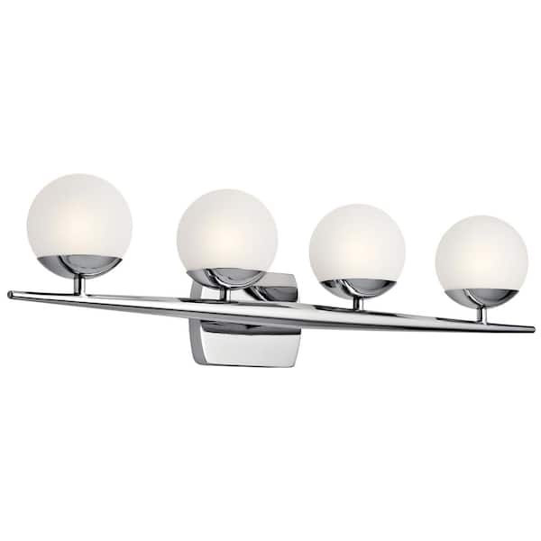 KICHLER Jasper 32.25 in. 4-Light Chrome Halogen Mid-Century Modern Bathroom Vanity Light with Etched Glass Shade