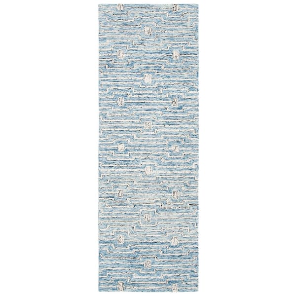 Micro-Loop 2 ft. x 7 ft. Light Blue/Ivory Striped Geometric Runner Rug