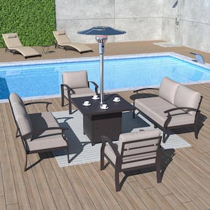 7-Piece Aluminum Patio Conversation Set with Armrest, 45000-BTU Stainless Steel Burner Square Table and Cushion Sand