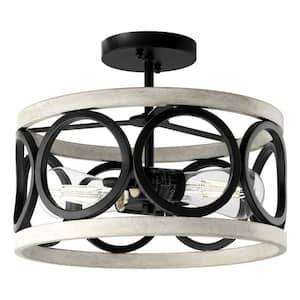 13 in. 2-Light Matte Black and Wood-Grain White Transitional Semi-Flush Mount with No Bulbs Included