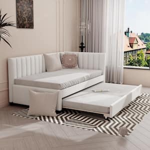 Beige Twin Size Upholstered Linen Fabric Daybed with Trundle