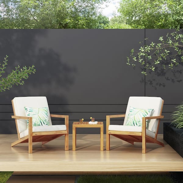 Unbranded 3 Piece Outdoor Acacia Wood Patio Conversation Set, Porch Furniture Chat Set with Beige Cushions