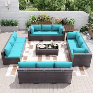 14-Piece Wicker Outdoor Sectional Set with Cushion Blue