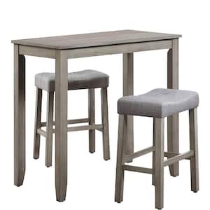 Jude 3-Piece Dining Set Kitchen Pub Table Solid Wood Table Top, Light Gray Wood Base, Silver Gray Fabric Seat