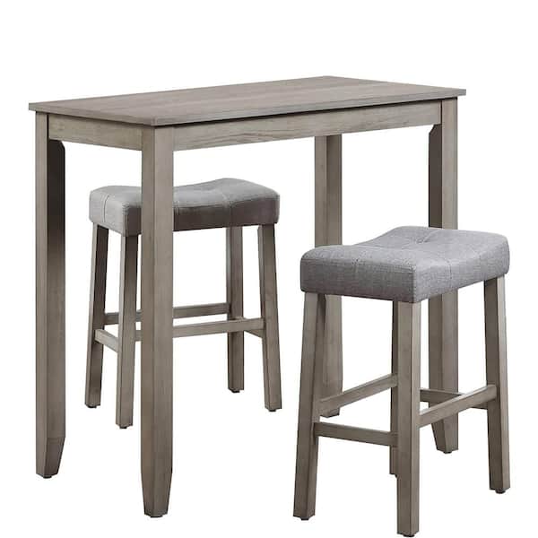 Nathaniel Home Jude 3-Piece Dining Set Kitchen Pub Table Solid Wood Table Top, Light Gray Wood Base, Silver Gray Fabric Seat