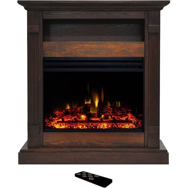 Sienna 34 in. Freestanding Electric Fireplace with Storage Shelf and Colorful Flame Insert with Deep Logs in Walnut
