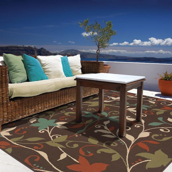 Floral Brown/Green 5 ft. x 8 ft. Floral Indoor/Outdoor Patio Area Rug
