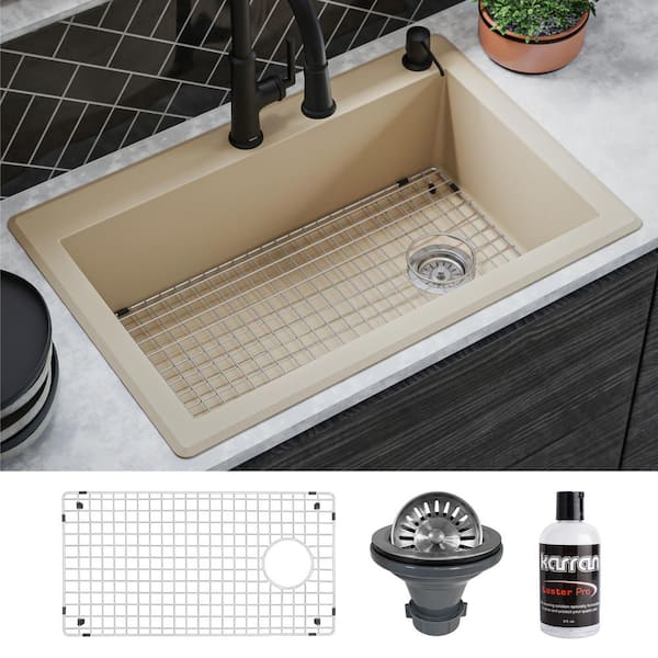 Karran QT-670 Quartz/Granite 33 in. Single Bowl Top Mount Drop-In Kitchen Sink in Bisque with Bottom Grid and Strainer