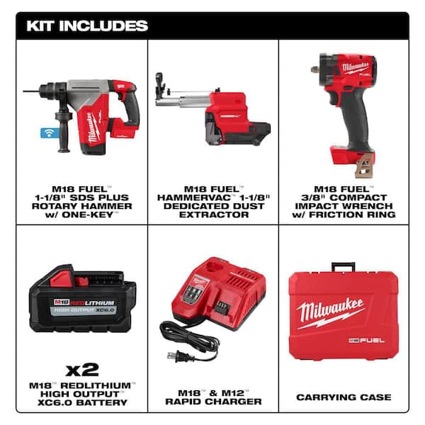M18 FUEL 18V Lith-Ion Brushless 1-1/8 in. Cordless SDS-Plus Rotary Hammer, Two Batteries & 3/8 in. Impact Wrench