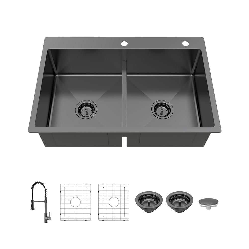 Glacier Bay 33 in. Drop-In Double Bowl Gunmetal Black Stainless