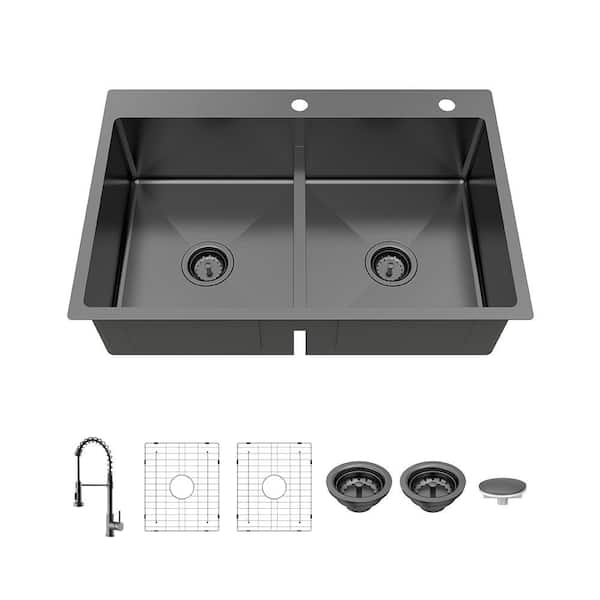 33 in. Drop-In Double Bowl Gunmetal Black Stainless Steel Kitchen Sink with Spring Neck Faucet