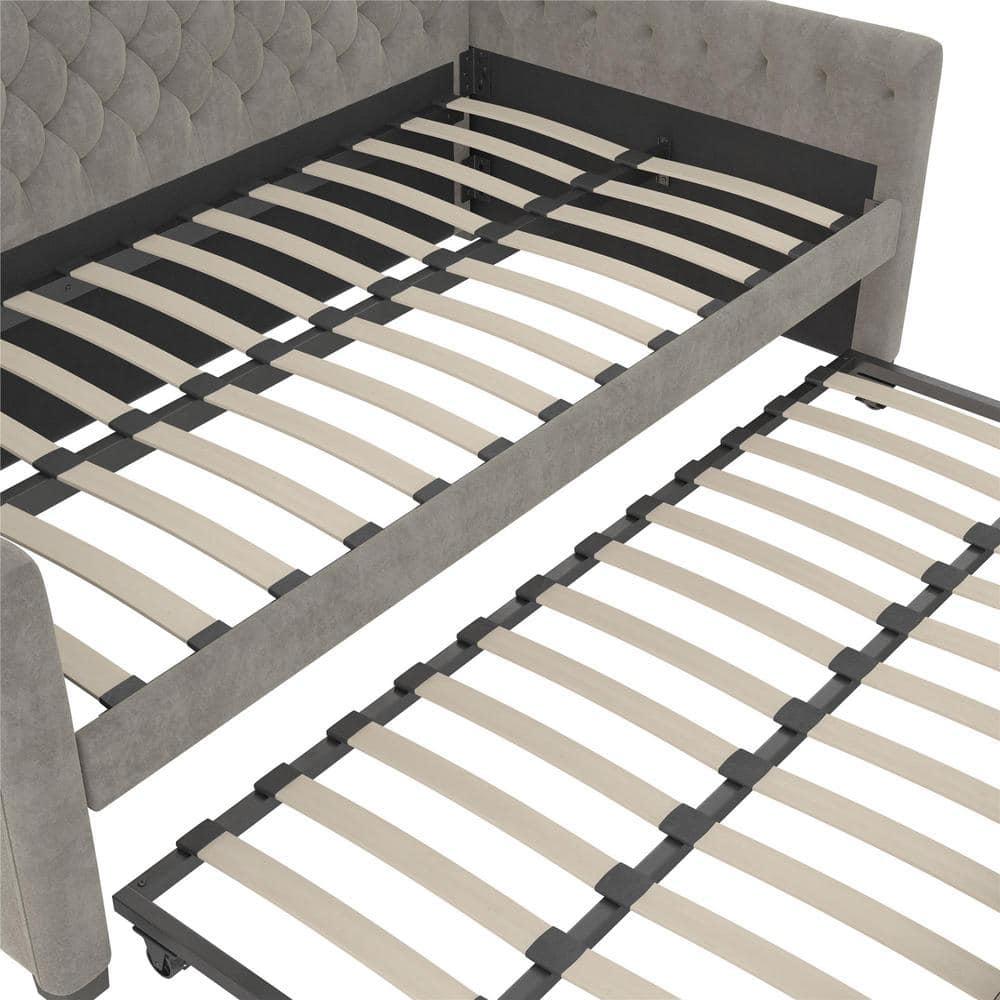 Light Gray Velvet Twin Daybed with Trundle and Tufted Upholstery