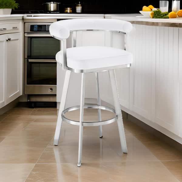 Benjara 30 in. White and Chrome Low Back Metal Frame Bar Stool with Faux Leather Seat