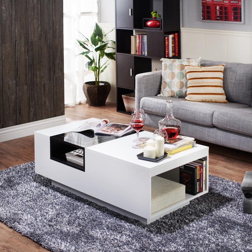Murphey 47-inch White and Black Glass Top Coffee Table with Storage