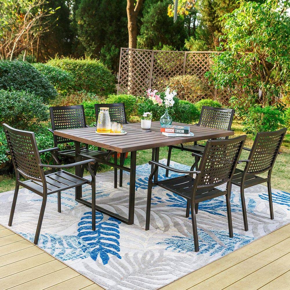 PHI VILLA 7-Piece Metal Outdoor Dining Set with Dark Brown Rectangular ...