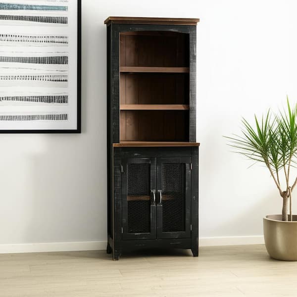 72 in. Brown and Black Distressed Wood Dining Hutch with 2 Doors