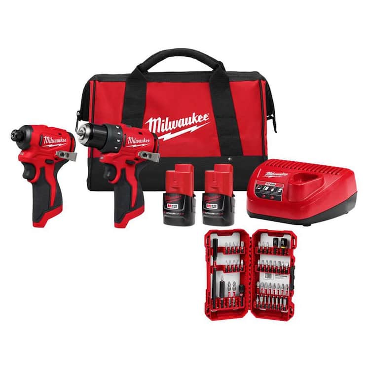 Milwaukee M12 12-Volt Lithium-Ion Brushless Cordless Subcompact Drill and Impact Driver Combo Kit w/ 45 Pc Bit Set (2-Tool)