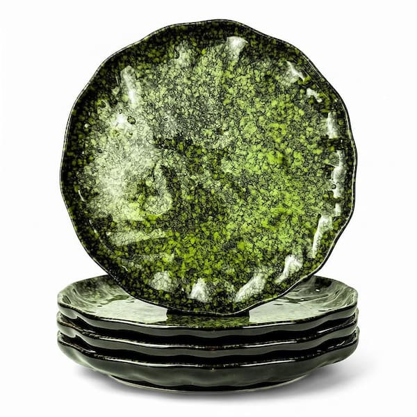 4-piece Green 10.2 in. Ceramic Dinner Plates, Aesthetic Round Rimmed Plates with Raised Edge, Dishwasher Microwave Safe
