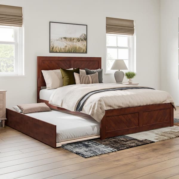 Canyon Walnut Brown Solid Wood Queen Platform Bed with Matching Footboard and Twin XL Trundle