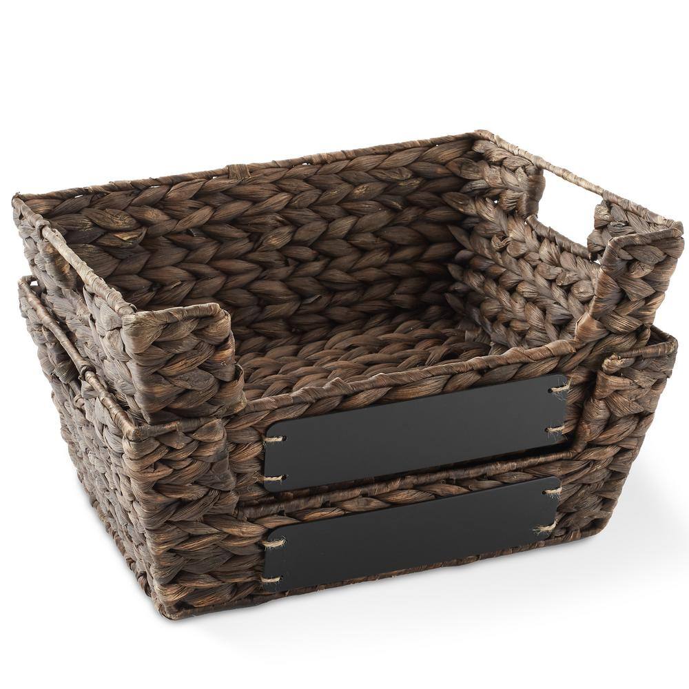 Espresso Water Hyacinth Rectangular Storage Baskets with Chalkboard Labels