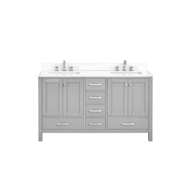 Bath Mist 60 in. W. Double Sink Freestanding Bath Vanity in Gray with White Engineered Top
