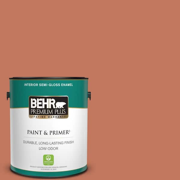 BEHR PREMIUM PLUS 1 gal. #PMD-11 Warm Terra Cotta Semi-Gloss Enamel Low Odor Interior Paint & Primer