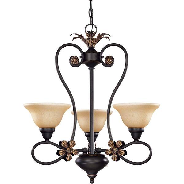 Glomar Francesca Rustic Bronze 3-Light Chandelier with Tangerine Peel Glass-DISCONTINUED
