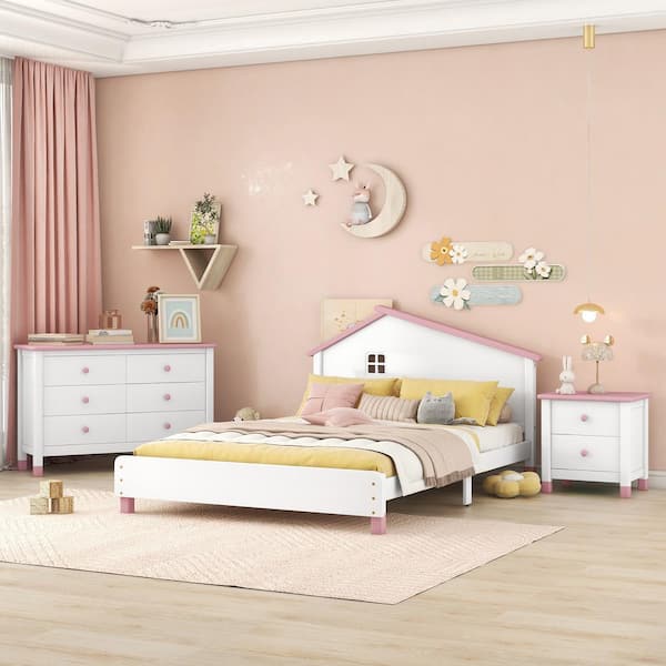 CSC DECOR INC 3-Piece Wood Bedroom Set Full Size Platform Bed with Modern Nightstand and 6-Drawer Storage Dresser (Pink/White)