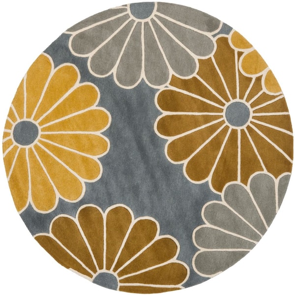 Soho 6 ft. x 6 ft. Gray/Yellow Floral Round Rug