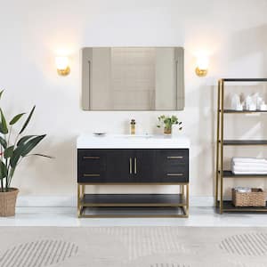Bianco 48D in. W x 22 in. D x 34 in. H Single Sink Bath Vanity in Black Oak with White Composite Stone Top and Mirror