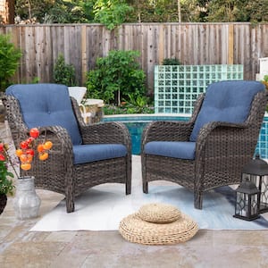 Ergonomic Arm 2-Piece Patio Wicker Outdoor Lounge Chair with Thick Blue Cushions