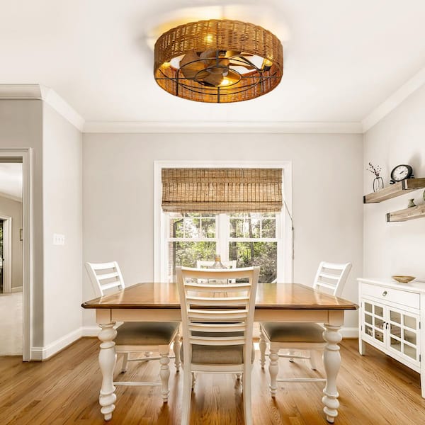 Urban 19 in. Indoor Brown Low Profile Farmhouse Caged Bladeless Natural Ceiling Fan with 4-Light with Remote Included