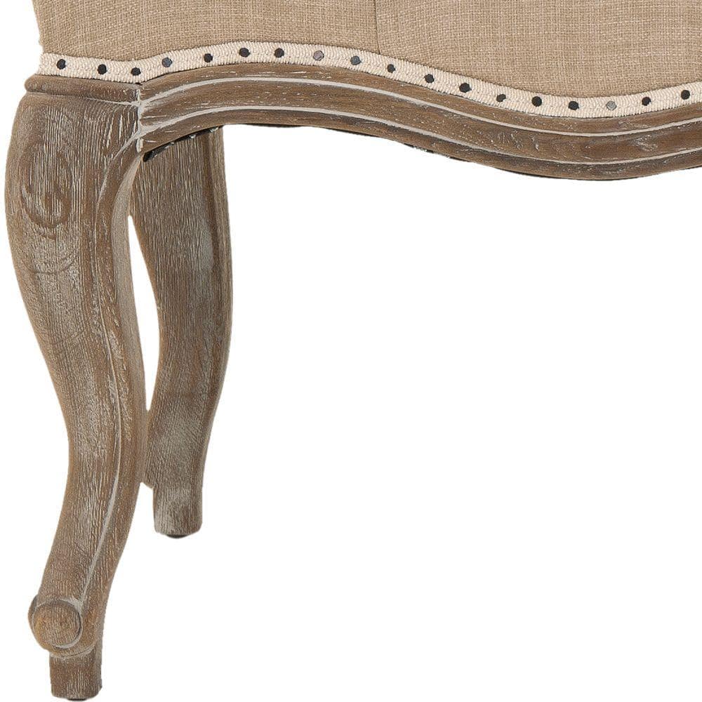 Transitional Beige Linen and Oak Tufted Bench