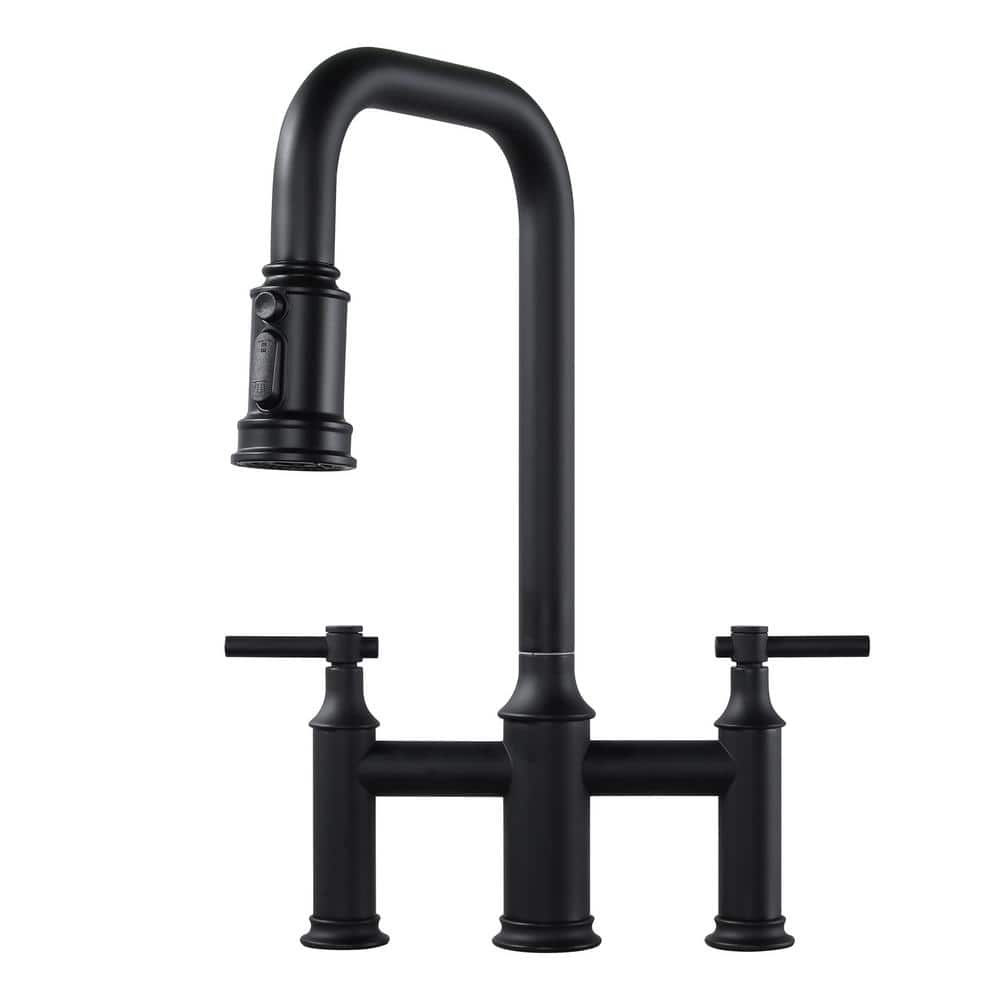 Matte Black Dual Handle Bridge Kitchen Faucet with Pull-Down Spray