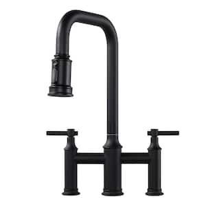 Double Handle Bridge Kitchen Faucet with Pull-Down Spray Head, Deck Mount 3 Holes Kitchen Sink Faucet in Matte Black