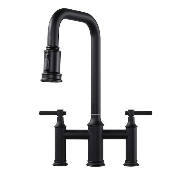 ARCORA Double Handle Bridge Kitchen Faucet with Pull-Down Spray Head, Deck Mount 3 Holes Kitchen Sink Faucet in Matte Black