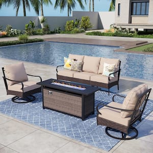 Metal Frame Dark Brown Rattan 4-Piece Steel Outdoor Fire Pit Patio Set with Beige Cushions, Rectangular Fire Pit Table