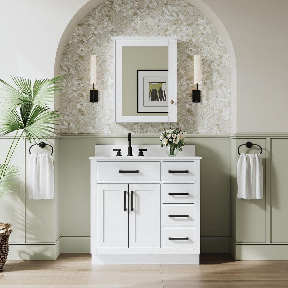 NORA 36 in. Freestanding White Solid Wood Bath Vanity with Pure White Cultured Marble Top, Soft-Close, Assembled price history on PriceWatchPro
