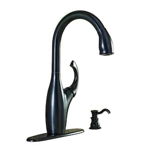 Contemporary Single-Handle Pull-Down Sprayer Kitchen Faucet with Soap Dispenser in Bronze