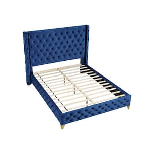 Oakdale Blue Wood Frame King Platform Bed with Tufted Velvet Upholstery