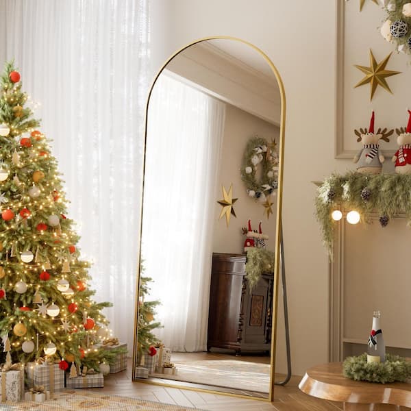 XRAMFY 26 in. W x 71 in. H Arched Gold Aluminum Alloy Framed Full Length Mirror Standing Floor Mirror