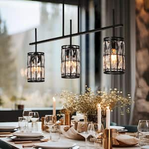 31.5 in. 3-Light Modern Black Linear Chandelier with Glam Crystal Glass Shades for Dining Room Island Pendant Light