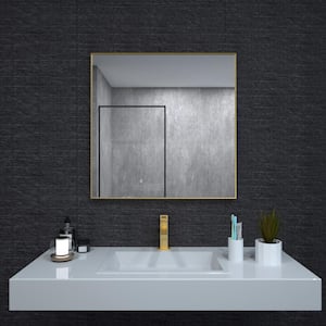 Aura 30 in. W. x 30 in. H Rectangular Framed Wall Bathroom Vanity Mirror in Brushed Gold