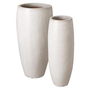 Distressed White Ceramic Round Planter (Set of 2)