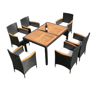 7-Piece Patio Wicker Outdoor Dining Set with Acacia Wood Top Dining Table, Wicker Chairs and Beige Cushions