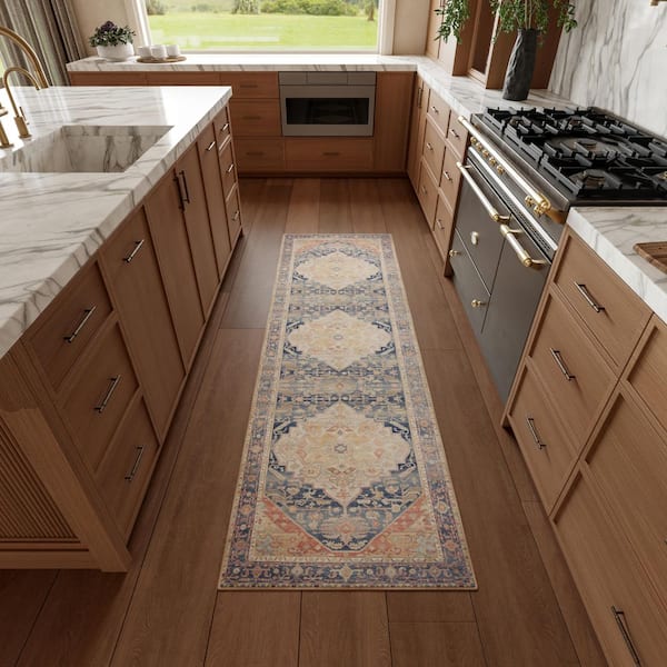 Vintage Washables Blue Coral 2 ft. x 6 ft. Center Medallion Traditional Runner Area Rug