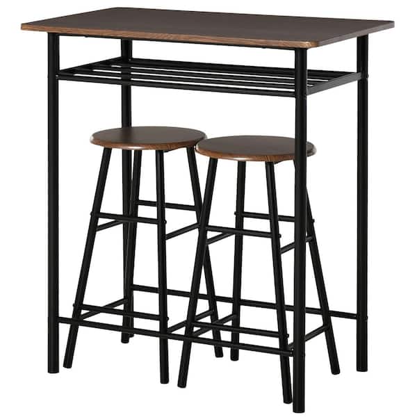 HOMCOM 3-Piece Black Counter-Height Table and Chair Set with Storage Shelf and Metal Frame