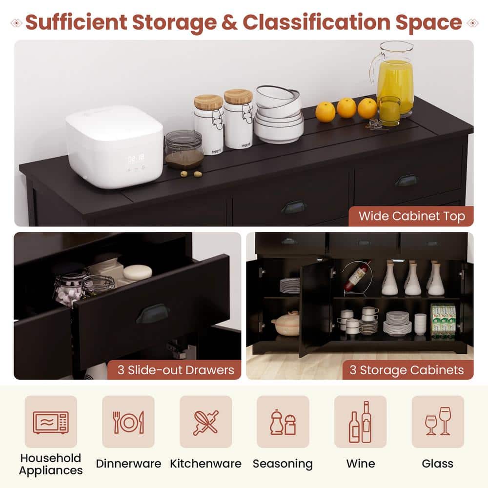 Brown MDF and Particleboard Sideboard Buffet Cabinet with 3 Drawers